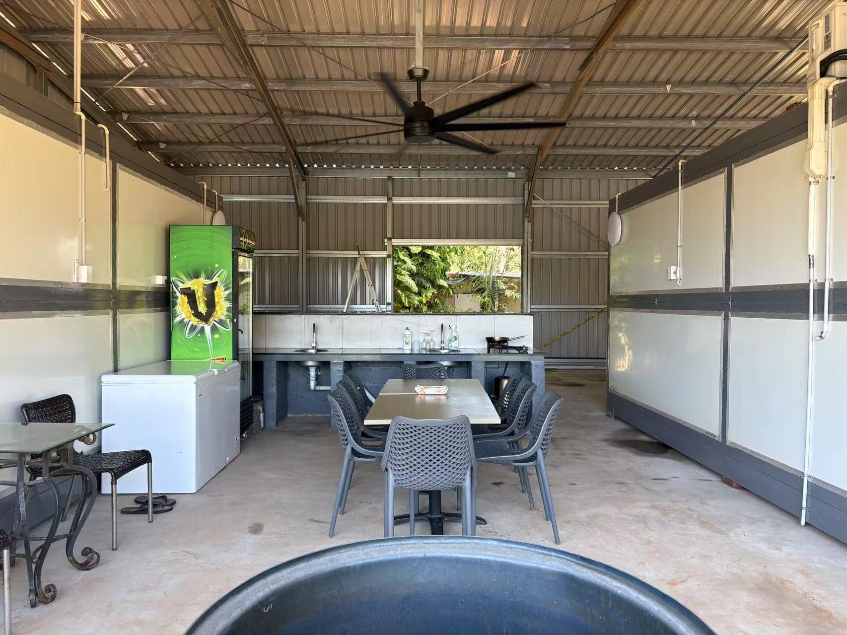 Outdoor dining area overlooking the lake